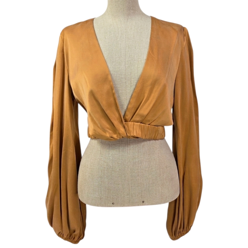 Auteur 100% Silk Plunge Crop Top Balloon Long Sleeve Honey Gold Size M New